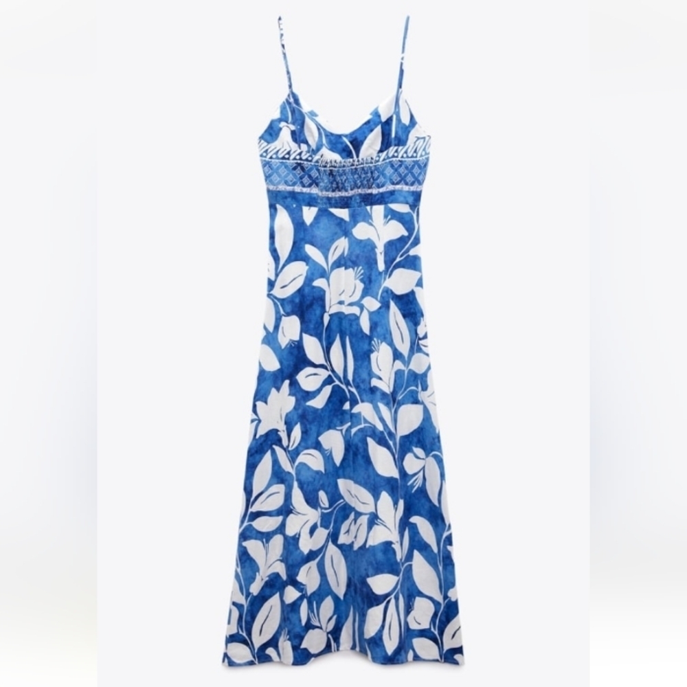 Gorgeous Summer Style ZARA Linen Midi Dress in Blue Hawaii Style Print - Picture 4 of 9